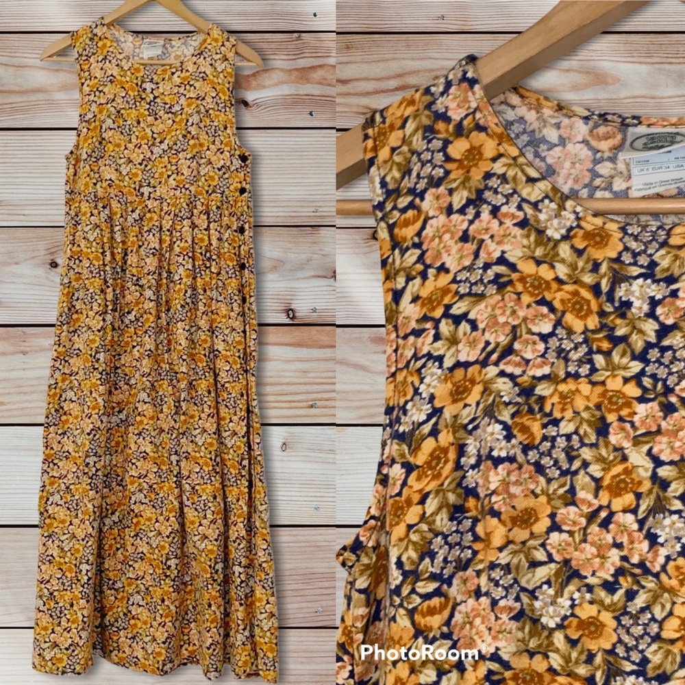 Vtg LAURA ASHLEY Midi Jumper Dress Floral Pockets